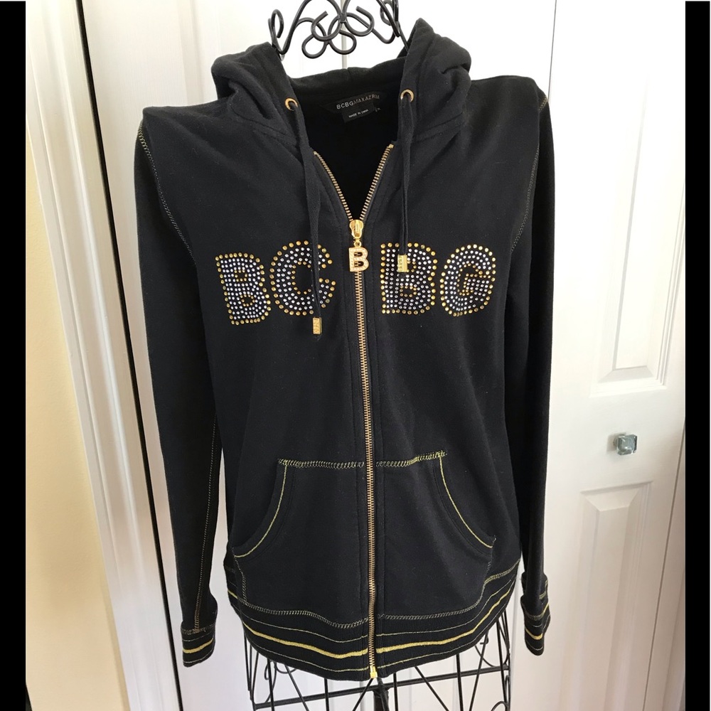 BCBG Zipper Down Hoodie/Jacket Black & Gold w/Bling Size Medium Gold Stitching